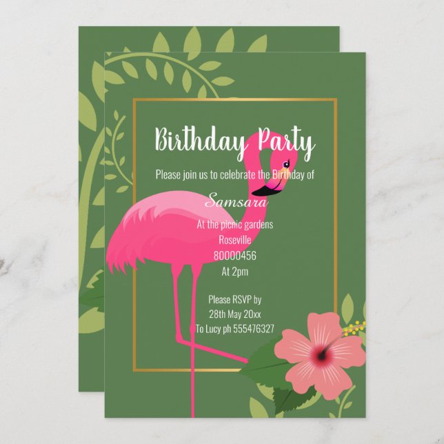  FLAMINGO HIBISCUS SAGE GREEN GOLD BIRTHDAY INVITATION (Front/Back)