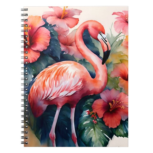 Flamingo Hibiscus Watercolor Tropical Art Notebook (Front)