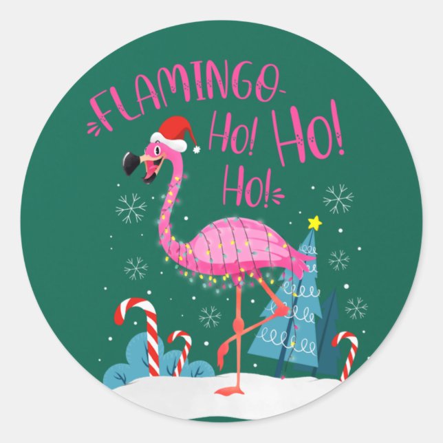 Flamingo Ho-Ho-Ho Christmas Pink Flamingo Theme Classic Round Sticker (Front)