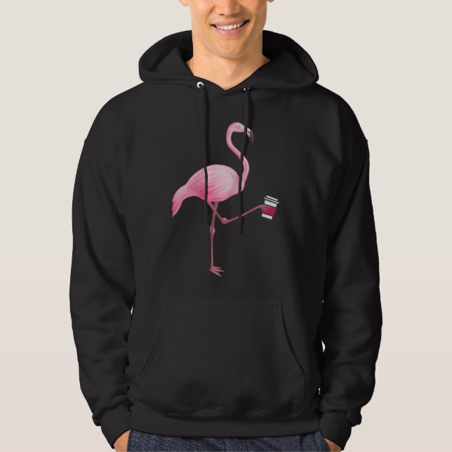 Flamingo Holding Coffee Tropical Gag Graphic Hoodie (Front)