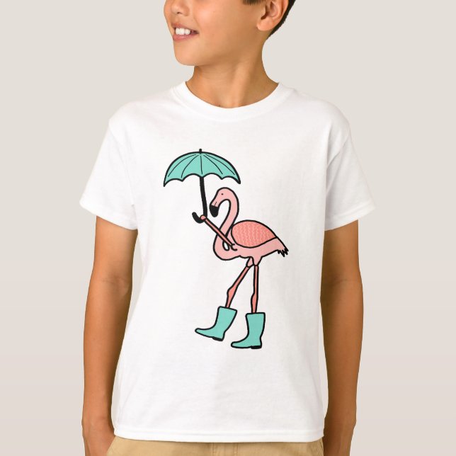 Flamingo Holding Umbrella and Wearing Rain Boots T-Shirt (Front)