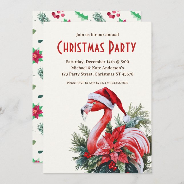 Flamingo in a Santa Hat Tropical Christmas Party Invitation (Front/Back)