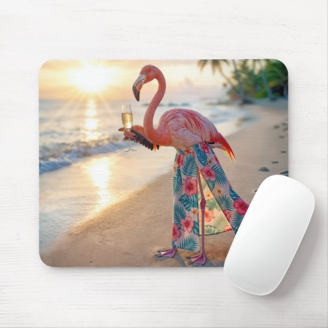 Flamingo In a Skirt Holding a Champagne Flute Mouse Pad (With Mouse)
