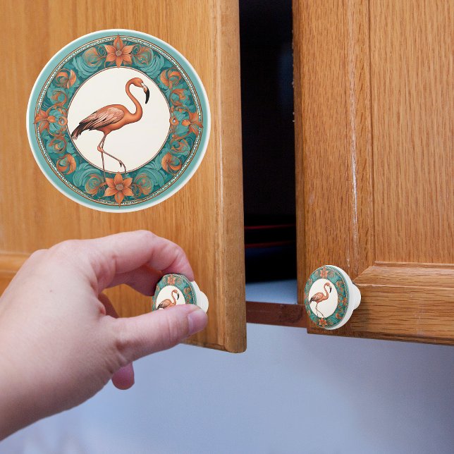 Flamingo in a Turquoise Circle Floral Frame Ceramic Knob (Creator Uploaded)