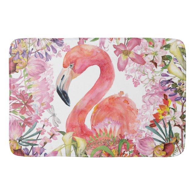 Flamingo in Flower Jungle - Summer Pattern Bath Mat (Front)