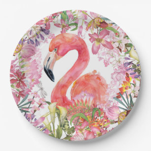 Flamingo in Flower Jungle - Summer Pattern Paper Plate