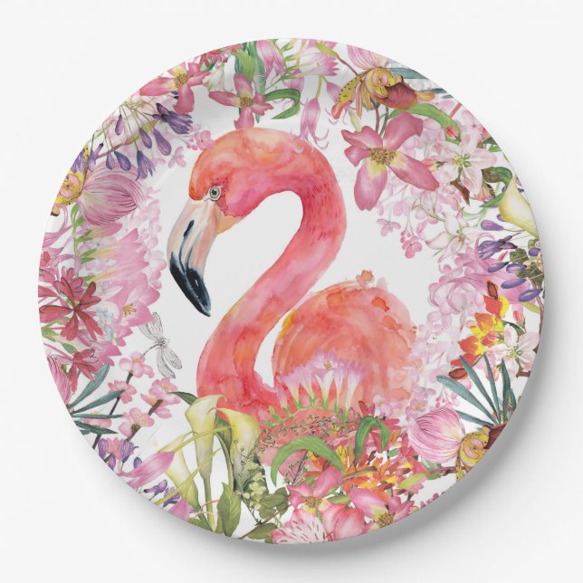 Flamingo in Flower Jungle - Summer Pattern Paper Plate (Front)