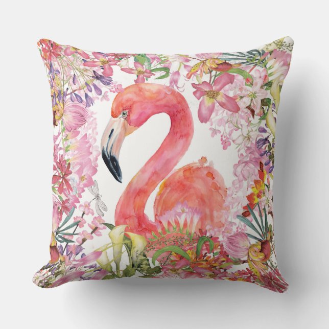 Flamingo in Flower Jungle - Summer Pattern Throw Pillow (Front)