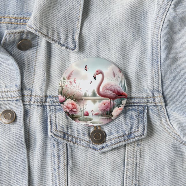 Flamingo in Pastel Pond Floral Scene 3 Inch Round Button (In Situ)