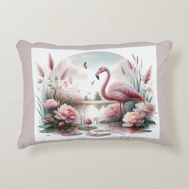 Flamingo in Pastel Pond Floral Scene Accent Pillow (Front)