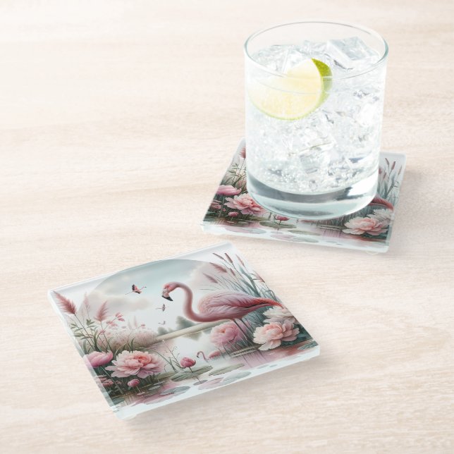 Flamingo in Pastel Pond Floral Scene Glass Coaster (Angled)