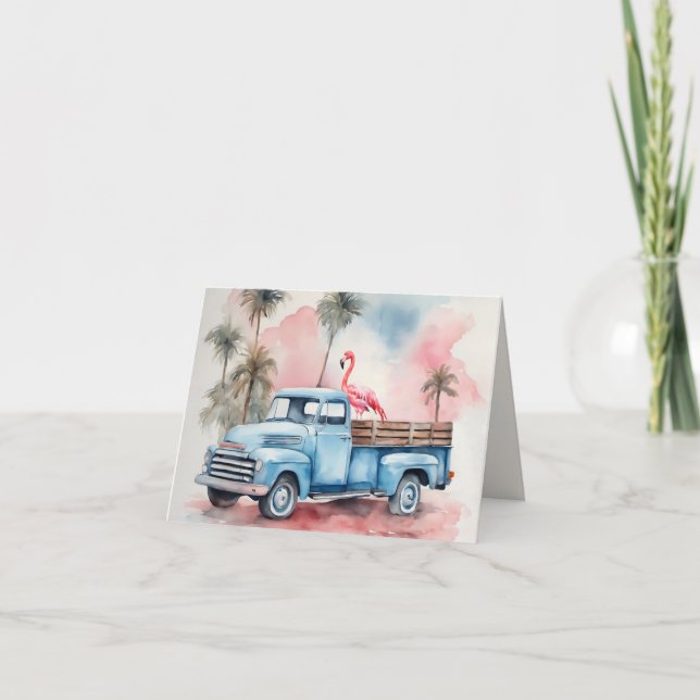 Flamingo In Retro Blue Truck Note Card (Front)
