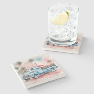 Flamingo In Retro Blue Truck Stone Coaster