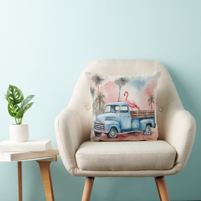 Flamingo In Retro Blue Truck Throw Pillow (Chair)
