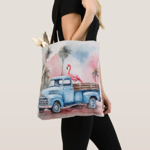 Flamingo In Retro Blue Truck Tote Bag