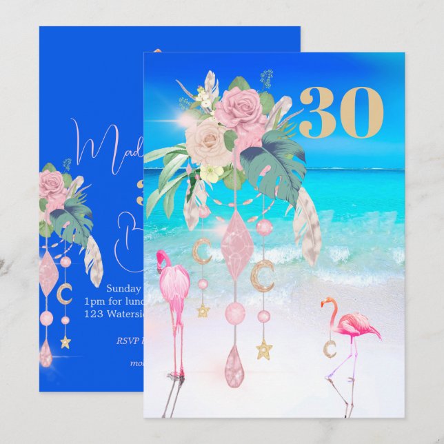 Flamingo Jewel Beach Floral 30th Birthday  Invitation (Front/Back)