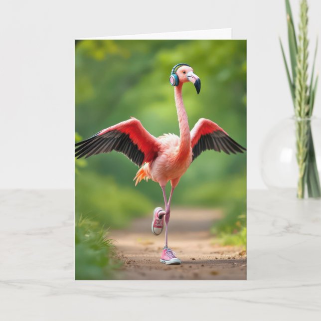 Flamingo Jogging with Pink Sneakers and Headphones Card (Front)