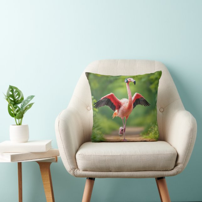 Flamingo Jogging with Pink Sneakers and Headphones Throw Pillow (Chair)