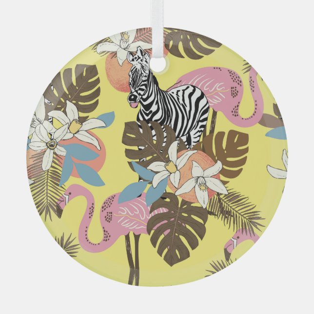 Flamingo Jungle: Exotic Animal Pattern. Glass Ornament (Front)