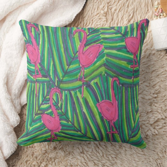 Flamingo Jungle Vibe Throw Pillow (Blanket)