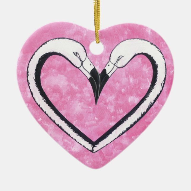 Flamingo Kiss heart Ceramic Ornament (Front)