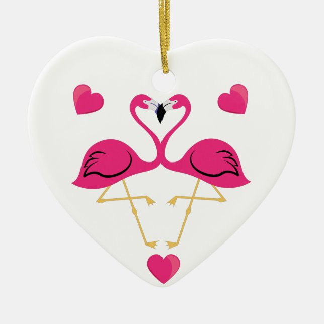 Flamingo Kissing and hearts Ceramic Ornament (Front)