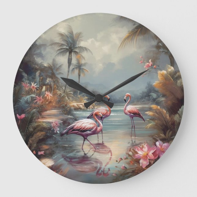 Flamingo Lagoon Luxe Vintage Botanical Wall Clock (Front)
