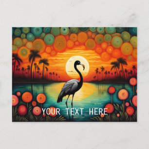 Flamingo Lake Sunset Palm Tree Colourful Floral Postcard