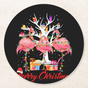 Flamingo Lights Santa Hat Sweater Tree Christmas Round Paper Coaster