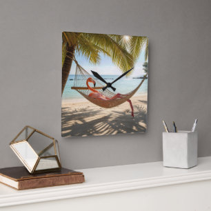 Flamingo Lounging in a Tropical Beach Hammock Square Wall Clock