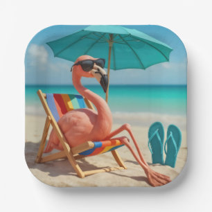 Flamingo Lounging On a Beach Chair  Paper Plate
