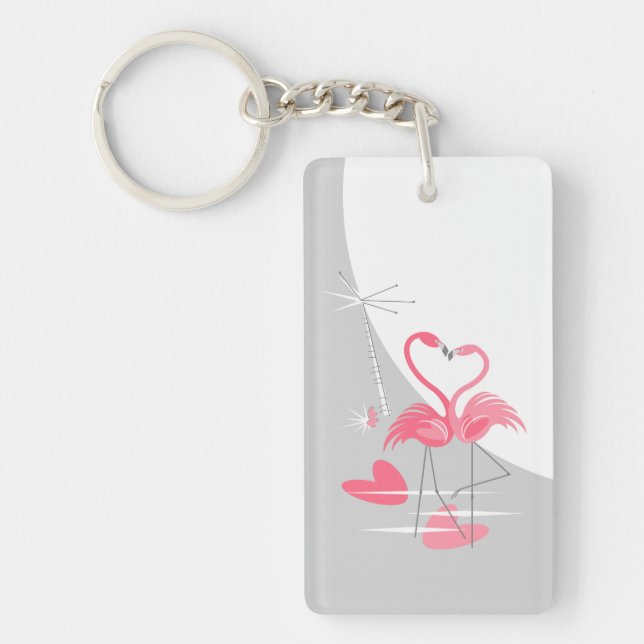 Flamingo Love Large Moon acrylic rectangle Keychain (Front)
