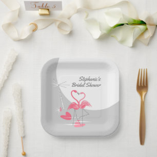 Flamingo Love Large Moon Bridal Shower square Paper Plate