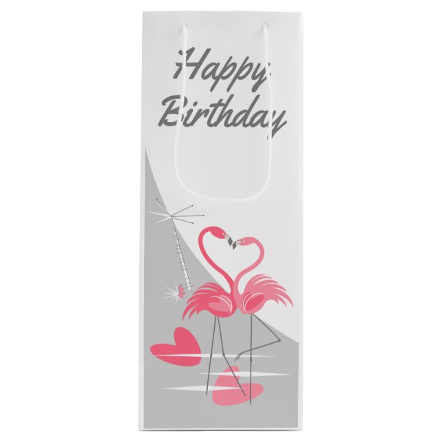 Flamingo Love Large Moon Happy Birthday wine Wine Gift Bag (Front)