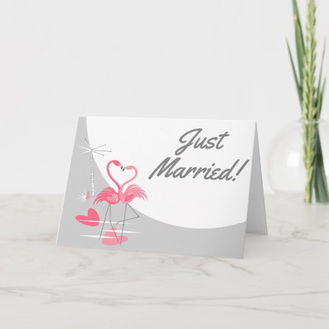 Flamingo Love Large Moon Just Married Text Announcement (Front)