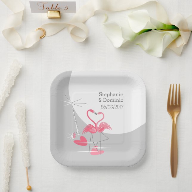 Flamingo Love Large Moon Names Dates square  Paper Plate (Wedding)