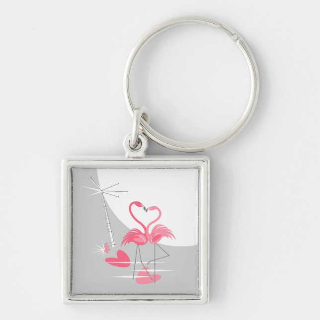 Flamingo Love Large Moon premium square Keychain (Front)