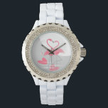 Flamingo Love Large Moon watch<br><div class="desc">A pair of pink flamingos with necks curved to form a heart shape stand in the sea on a moonlit beach. A stylish, romantic design with a retro touch created in a pink, grey and white colour scheme with a colour-change background. A customizable design for you to personalise with your...</div>