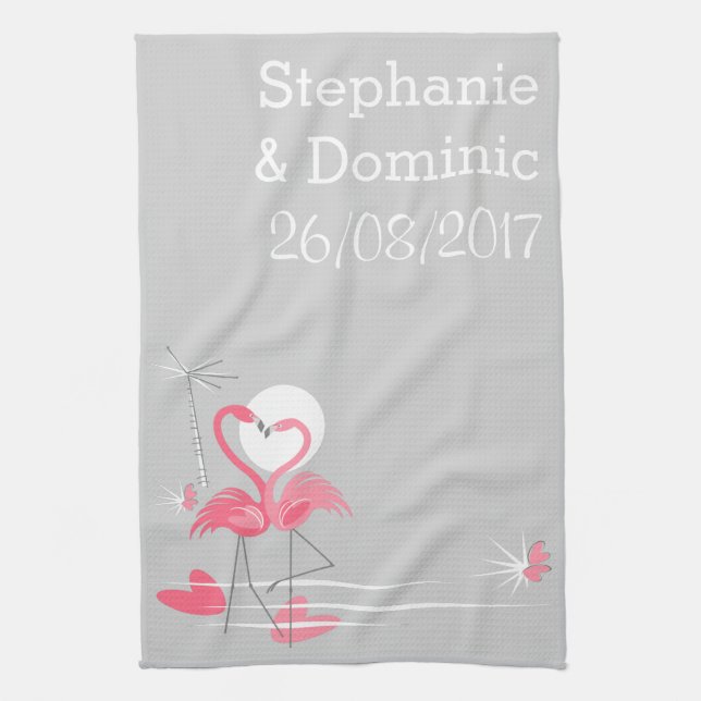 Flamingo Love Names Side Date vertical Kitchen Towel (Vertical)