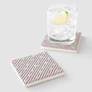Flamingo Lover Pink Bird Diagonal Stripes Stone Coaster