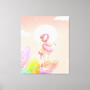 Flamingo Lovers   Cute Flamingo Bird With Leaves Canvas Print
