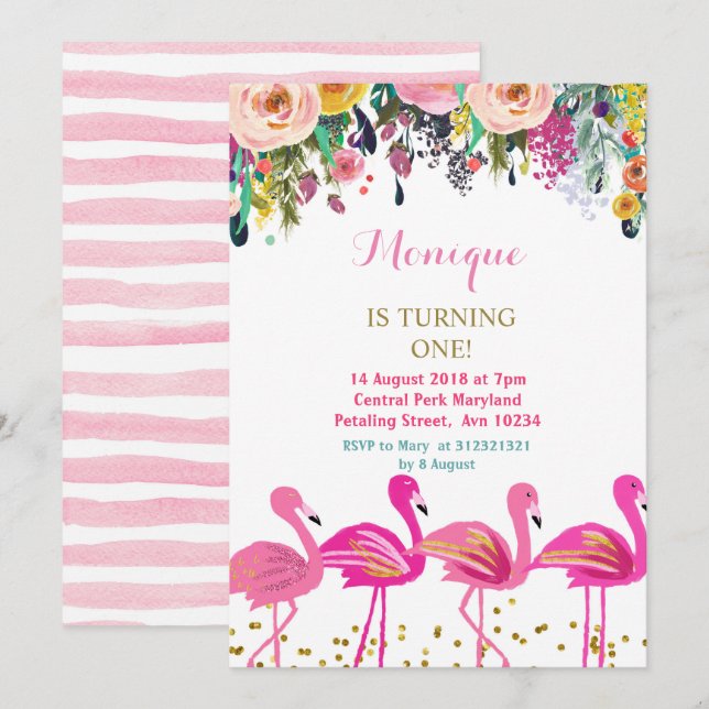 Flamingo Luau birthday invitation (Front/Back)