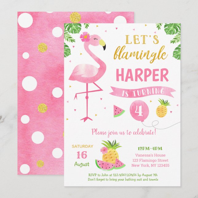 Flamingo Luau Birthday Party Invitations (Front/Back)