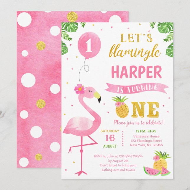 Flamingo Luau First 1st Birthday Party Invitations (Front/Back)