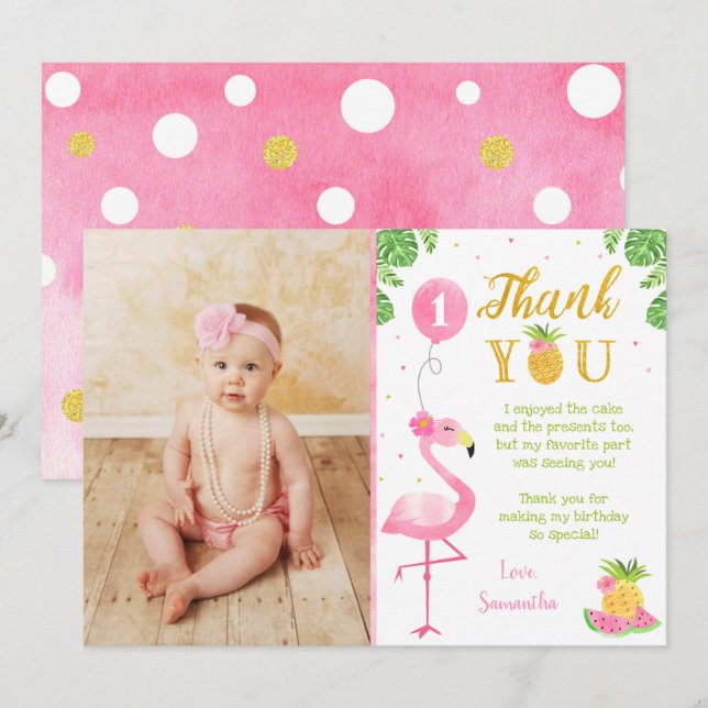 Flamingo Luau First 1st Birthday Thank You Cards (Front/Back)