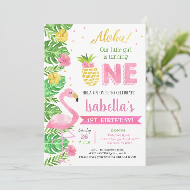 Flamingo Luau Tropical 1st Birthday Invitations (Standing Front)