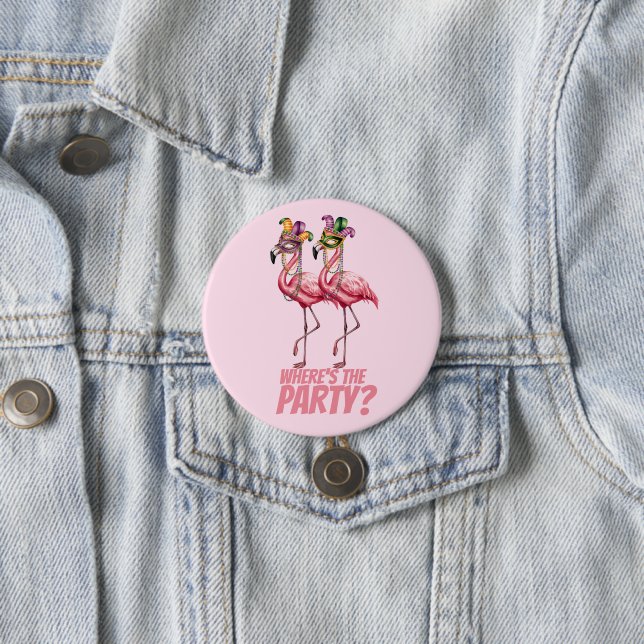 Flamingo Mardi Gras Party Goers 3 Inch Round Button (In Situ)