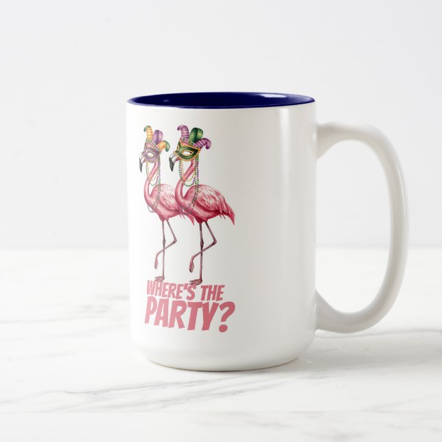 Flamingo Mardi Gras Party Goers Two-Tone Coffee Mug (Right)