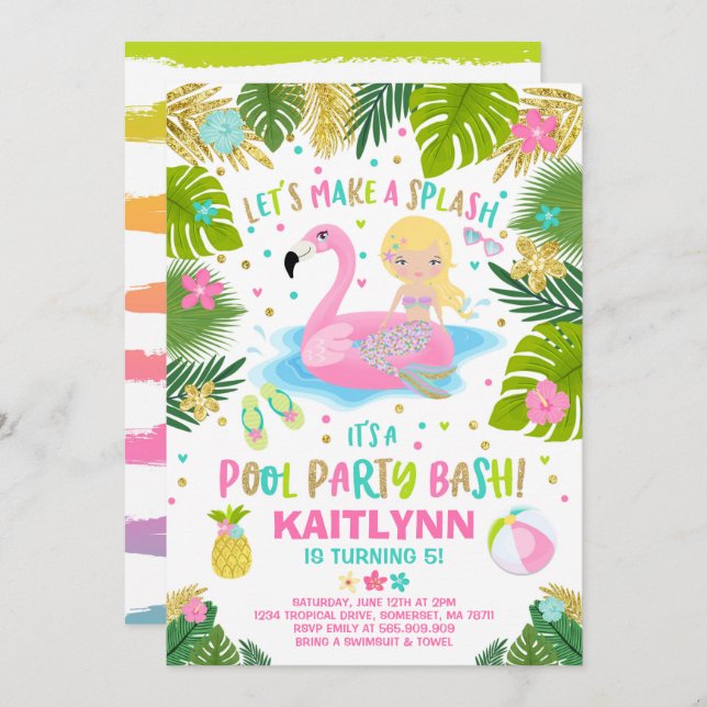 Flamingo & Mermaid Pool Party Invitation Tropical (Front/Back)