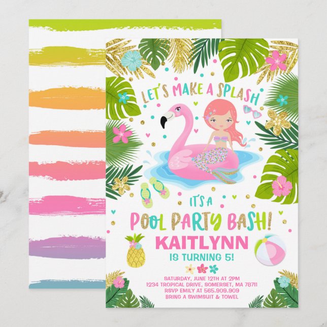 Flamingo & Mermaid Pool Party Invitation Tropical (Front/Back)